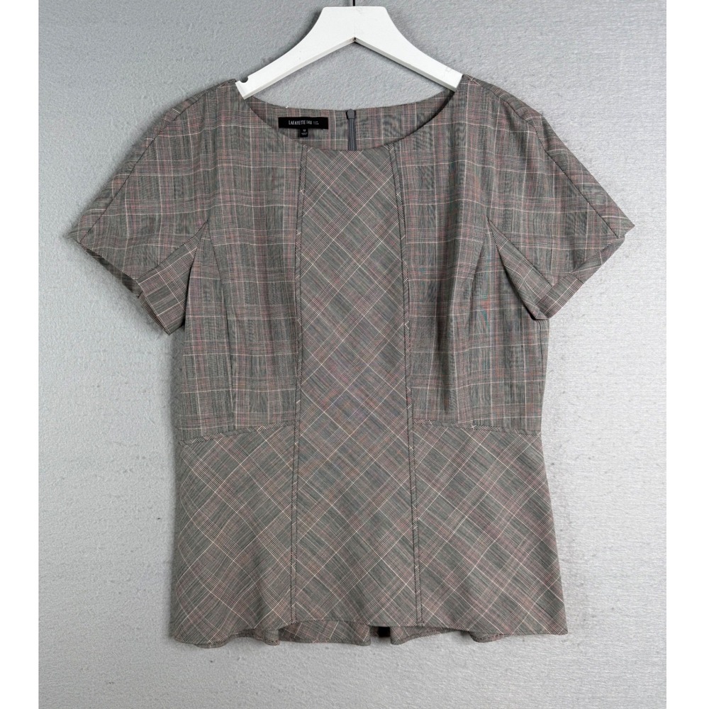 Lafayette 148 New York Peplum Top‎ Women 12 Gray Glen Plaid Short Sleeve Office